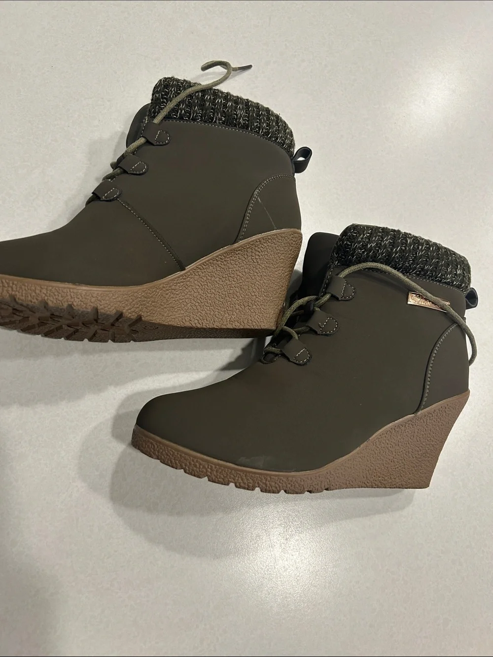 Cherokee Cushioned Wedge Ankle Boots in Olive with Knit Collar -